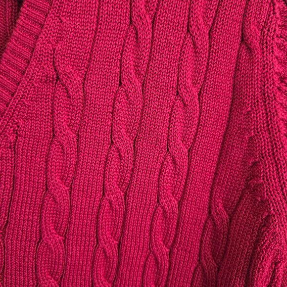 Fairway & Greene Berry Fuschia CableKnit V-neck Sweater Mercerized Cotton Size L - Picture 5 of 7